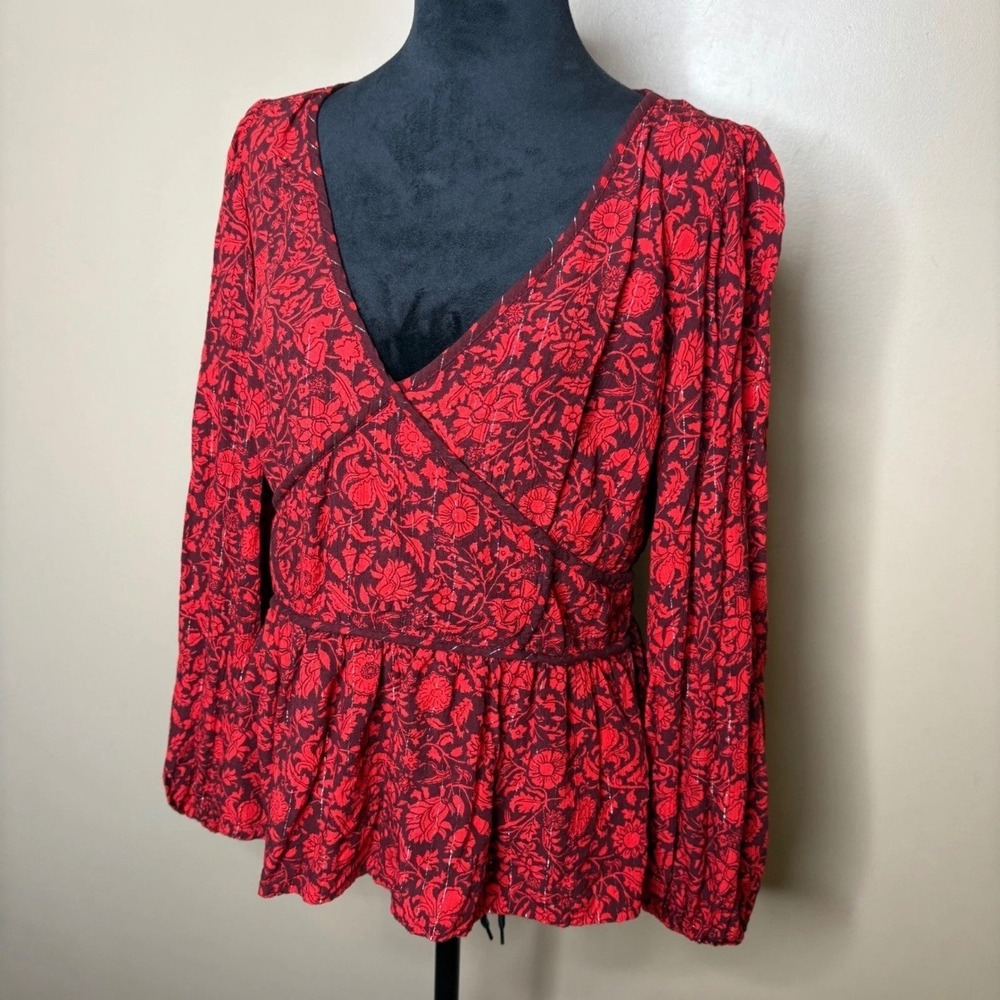 Knox Rose Red Floral Peplum Top Metallic Pinstripe V-Neck Large Boho